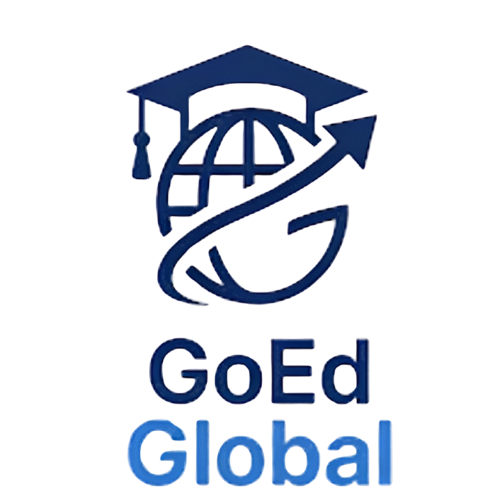 GoEd Global Logo featuring Mortarboard, Globe, and Arrow